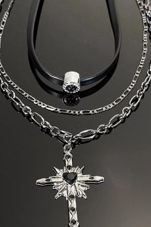Y2K Gothic Layered Cross Necklace - Dark Leather Choker Collar for Hot Girl Style, Clavicle Chain Accessory