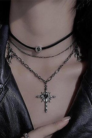 Y2K Gothic Layered Cross Necklace - Dark Leather Choker Collar for Hot Girl Style, Clavicle Chain Accessory