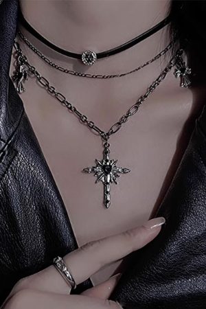 Y2K Gothic Layered Cross Necklace - Dark Leather Choker Collar for Hot Girl Style, Clavicle Chain Accessory