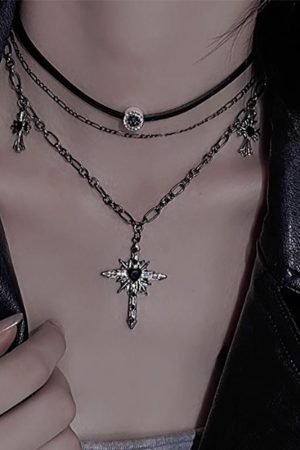 Y2K Gothic Layered Cross Necklace - Dark Leather Choker Collar for Hot Girl Style, Clavicle Chain Accessory