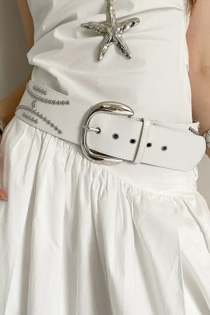 Y2K Heavy Industrial Punk Studded Waist Belt for Women, Wide Waistband for Jeans, High-End White Belt, Perfect for Matching Skirts