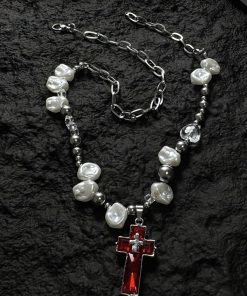 Y2K Irregular Pearl Choker Necklace for Women - Spicy Girl Cross Design Clavicle Chain Sweater Accessory