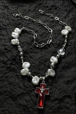 Y2K Irregular Pearl Choker Necklace for Women - Spicy Girl Cross Design Clavicle Chain Sweater Accessory