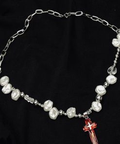 Y2K Irregular Pearl Choker Necklace for Women - Spicy Girl Cross Design Clavicle Chain Sweater Accessory
