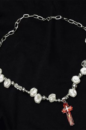 Y2K Irregular Pearl Choker Necklace for Women - Spicy Girl Cross Design Clavicle Chain Sweater Accessory