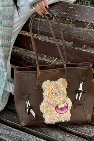 Y2K Large Capacity Bear Tote Bag - Simple Millennium Commuter Handheld Shoulder Bag for Students