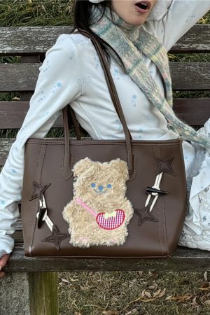 Y2K Large Capacity Bear Tote Bag - Simple Millennium Commuter Handheld Shoulder Bag for Students