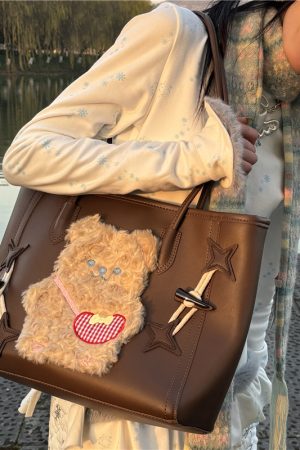 Y2K Large Capacity Bear Tote Bag - Simple Millennium Commuter Handheld Shoulder Bag for Students