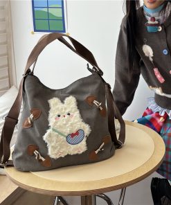 Y2K Large Capacity Canvas Tote Bag with Rabbit Design - Versatile Commuter Shoulder Backpack for Everyday Use
