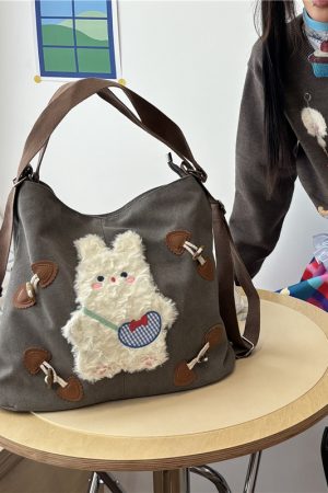 Y2K Large Capacity Canvas Tote Bag with Rabbit Design - Versatile Commuter Shoulder Backpack for Everyday Use