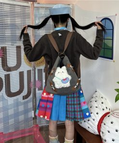 Y2K Large Capacity Canvas Tote Bag with Rabbit Design - Versatile Commuter Shoulder Backpack for Everyday Use