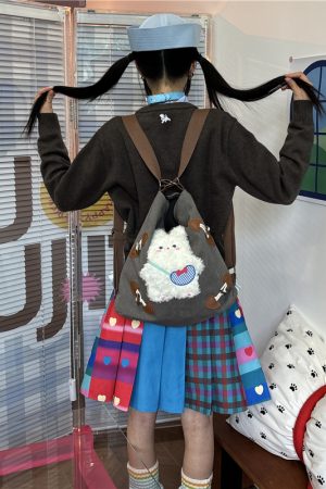 Y2K Large Capacity Canvas Tote Bag with Rabbit Design - Versatile Commuter Shoulder Backpack for Everyday Use
