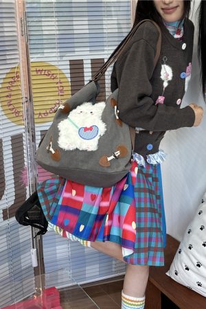 Y2K Large Capacity Canvas Tote Bag with Rabbit Design - Versatile Commuter Shoulder Backpack for Everyday Use