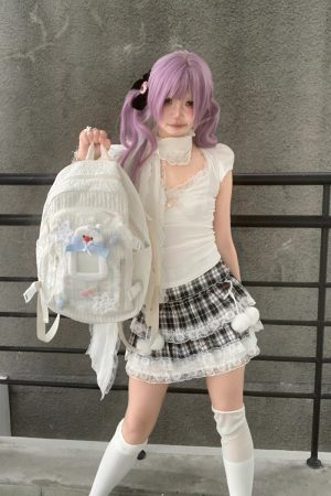 Y2K Little Bear Bone Lace Backpack for Girls - Large Capacity School Bag - Trendy Commuting Book Bag for Winter