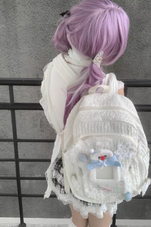 Y2K Little Bear Bone Lace Backpack for Girls - Large Capacity School Bag - Trendy Commuting Book Bag for Winter