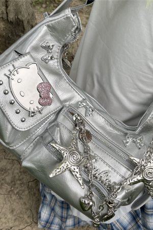 Y2K Metallic Silver Crescent Crossbody Bag - Cool Motorcycle-Inspired Underarm Shoulder Bag for Unique Style