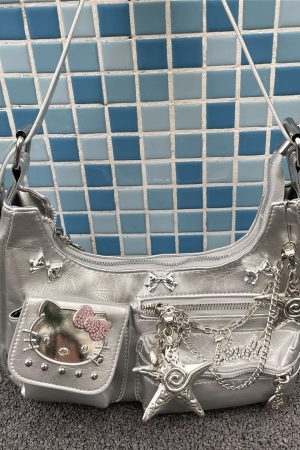 Y2K Metallic Silver Crescent Crossbody Bag - Cool Motorcycle-Inspired Underarm Shoulder Bag for Unique Style