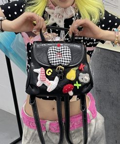 Y2K Mini Backpack - Playful Lolita Double Shoulder Bag with Lace Heart Design for Street Style Outfits
