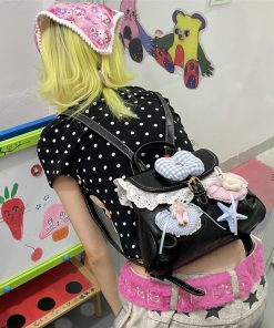 Y2K Mini Backpack - Playful Lolita Double Shoulder Bag with Lace Heart Design for Street Style Outfits