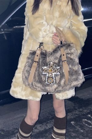Y2K Mink Fur Gemstone Shoulder Bag for Women, Chain Texture Commuter Tote, Stylish Autumn Winter Accessory