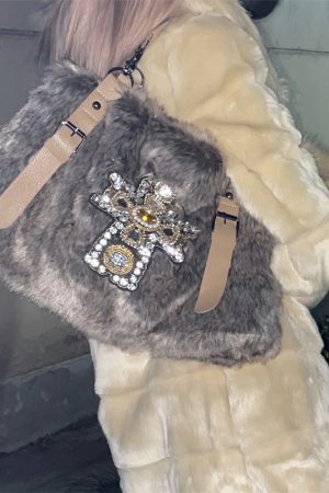 Y2K Mink Fur Gemstone Shoulder Bag for Women, Chain Texture Commuter Tote, Stylish Autumn Winter Accessory