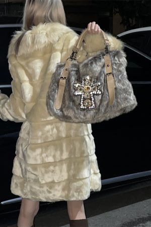 Y2K Mink Fur Gemstone Shoulder Bag for Women, Chain Texture Commuter Tote, Stylish Autumn Winter Accessory