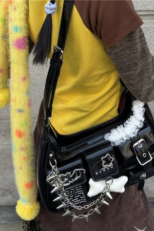 Y2K Motorcycle Lace Shoulder Crossbody Crescent Bag - Sweet Cool Niche Designer Style