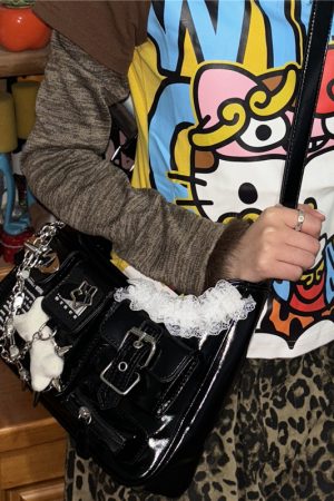 Y2K Motorcycle Lace Shoulder Crossbody Crescent Bag - Sweet Cool Niche Designer Style