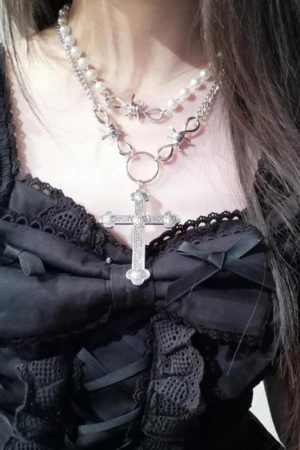 Y2K Multi-Layer Pearl Cross Pendant Necklace for Women, Metal Sweater Chain Accessory, Sweet and Cool Fashion Statement