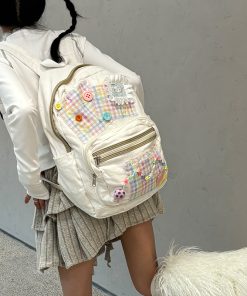 Y2K Plaid Commuter Backpack for Students - Niche Design Spliced Double Shoulder Bag