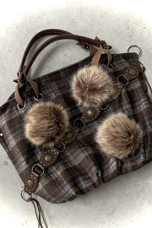 Y2K Plaid Tote Bag with Pom-Poms - Large Capacity Commuter Handbag for Autumn & Winter - Stylish Crossbody for Students