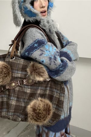 Y2K Plaid Tote Bag with Pom-Poms - Large Capacity Commuter Handbag for Autumn & Winter - Stylish Crossbody for Students