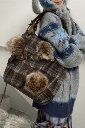 Y2K Plaid Tote Bag with Pom-Poms - Large Capacity Commuter Handbag for Autumn & Winter - Stylish Crossbody for Students