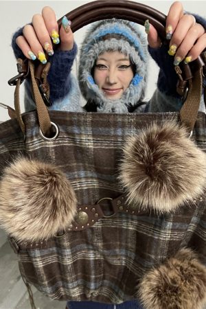 Y2K Plaid Tote Bag with Pom-Poms - Large Capacity Commuter Handbag for Autumn & Winter - Stylish Crossbody for Students