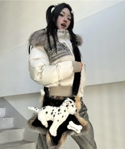 Y2K Plush Crossbody Bag for Women - Fluffy Five-Pointed Star Design, Cute Dog Print, Autumn Winter Casual Commuting Style