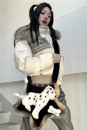 Y2K Plush Crossbody Bag for Women - Fluffy Five-Pointed Star Design, Cute Dog Print, Autumn Winter Casual Commuting Style