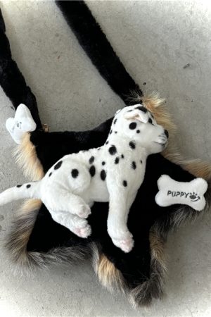 Y2K Plush Crossbody Bag for Women - Fluffy Five-Pointed Star Design, Cute Dog Print, Autumn Winter Casual Commuting Style