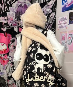 Y2K Plush Hat, Scarf, and Gloves Set - Warm Kitty Hood for Autumn and Winter Fashion