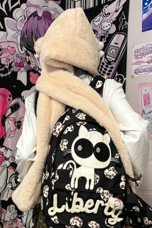 Y2K Plush Hat, Scarf, and Gloves Set - Warm Kitty Hood for Autumn and Winter Fashion