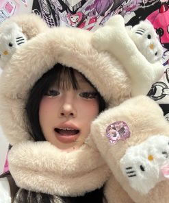 Y2K Plush Hat, Scarf, and Gloves Set - Warm Kitty Hood for Autumn and Winter Fashion