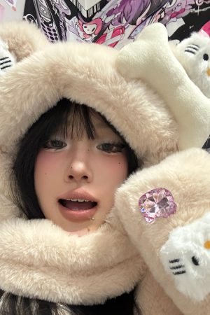 Y2K Plush Hat, Scarf, and Gloves Set - Warm Kitty Hood for Autumn and Winter Fashion