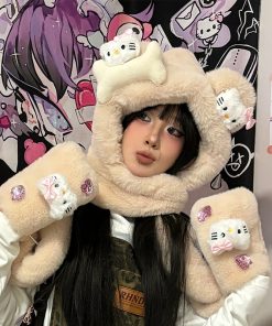 Y2K Plush Hat, Scarf, and Gloves Set - Warm Kitty Hood for Autumn and Winter Fashion