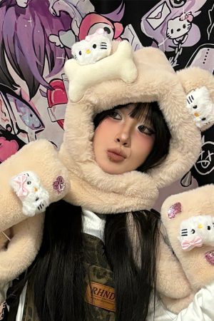 Y2K Plush Hat, Scarf, and Gloves Set - Warm Kitty Hood for Autumn and Winter Fashion