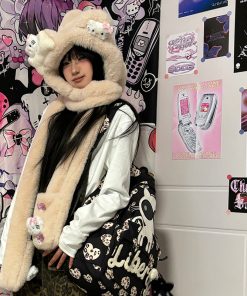 Y2K Plush Hat, Scarf, and Gloves Set - Warm Kitty Hood for Autumn and Winter Fashion