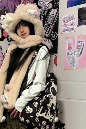 Y2K Plush Hat, Scarf, and Gloves Set - Warm Kitty Hood for Autumn and Winter Fashion