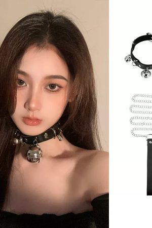 Y2K Punk Leather Choker Necklace for Women - Versatile Bell Chain Rope Accessory for a Cool, Edgy Look