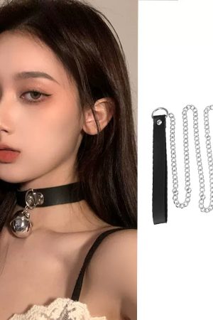 Y2K Punk Leather Choker Necklace for Women - Versatile Bell Chain Rope Accessory for a Cool, Edgy Look