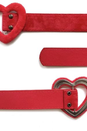 Y2K Red Heart Choker Collar Gothic Short Plush Leather Necklace for Festive Subculture Style