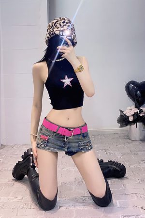 Y2K Retro A-Line Low Waist Denim Skirt Pants with Elastic Anti-Exposure Design for a Spicy Special Agent Look