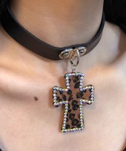 Y2K Retro Leopard Print Cross Choker Necklace - Sweet Spicy Girl Style Neck Ring Accessory